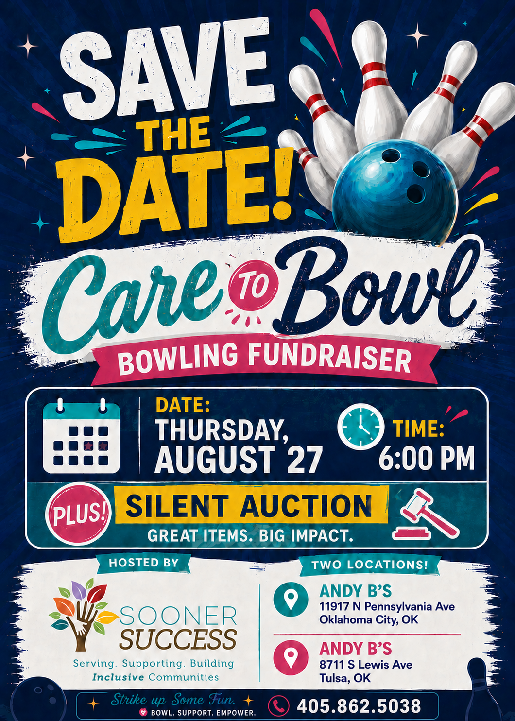 Save the Date Care to Bowl August 27 Andy B's OKC and Tulsa Locations